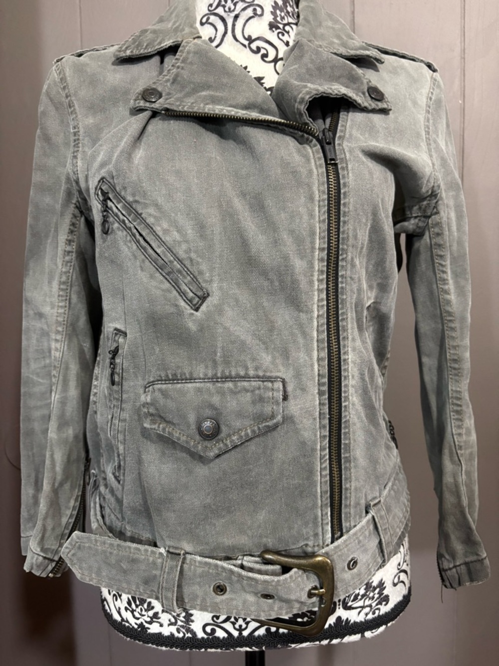 RALPH LAUREN DENIM & SUPPLY Washed Gray Moto Jacket with Buckle Belt - Picture 3 of 11